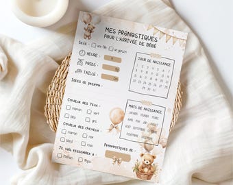 Baby teddy bear balloon prediction card - baby shower & gender reveal prediction game - baby birth - party announcement card - pdf or printed