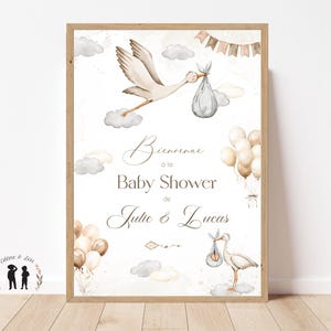 Cartel de bienvenida personalizado con cigüeña, globos y nubes - Baby Shower - Revelación de género - Bebé, nacimiento - Fiesta - PDF o impreso