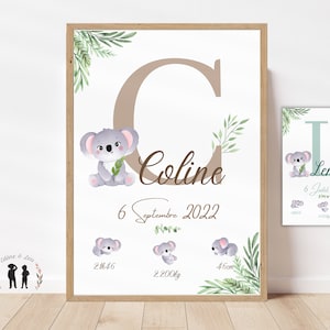 Personalisiertes Baby-Koala-Geburtsposter - Souvenir-Babyposter - Initiale, Vorname, Gewicht, Größe und Zeit - PDF oder gedruckt