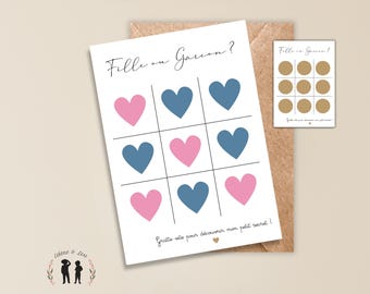 Carte à gratter personnalisée annonce du sexe de bébé morpion - fille ou garçon - baby shower genre reveal - pastilles jeux à gratter dorées