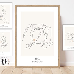 Affiche de naissance personnalisée ligne - bébé, mains, amour - minimaliste - Initiale, prénom, poids, taille et heure