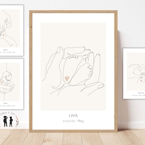 Personalized birth poster line - baby, hands, love - minimalist - Initial, first name, weight, height and time