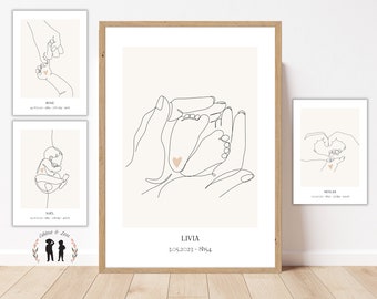 Affiche de naissance personnalisée ligne - bébé, mains, amour - minimaliste - Initiale, prénom, poids, taille et heure