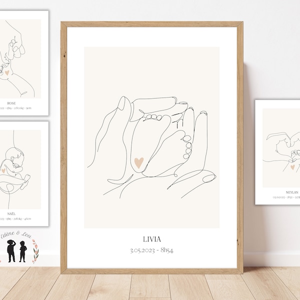 Affiche de naissance personnalisée ligne - bébé, mains, amour - minimaliste - Initiale, prénom, poids, taille et heure