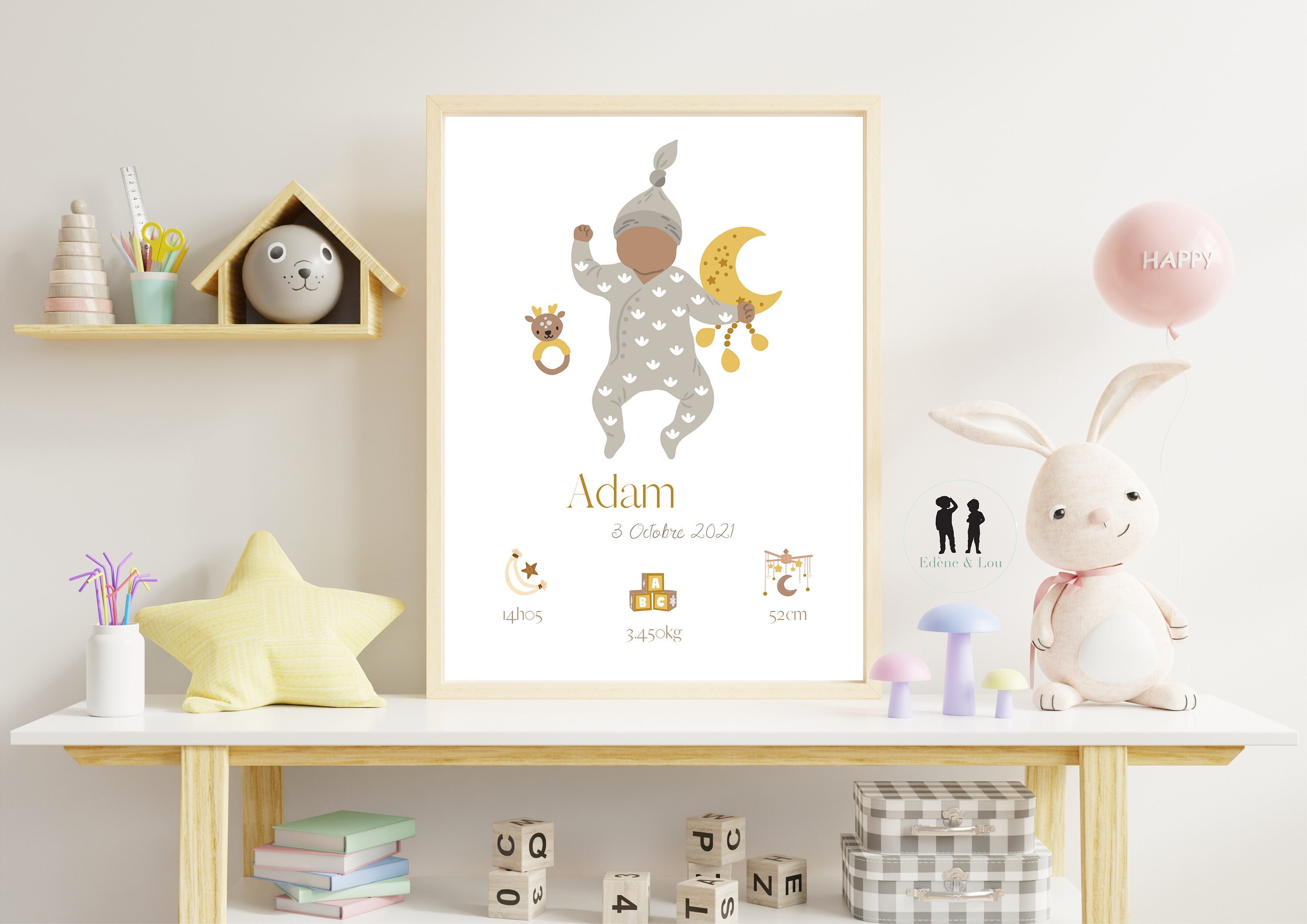 Affiche de Naissance Personnalisée Bébé - Pyjama et Accessoires Prénom, Date, Heure, Poids, Taille P