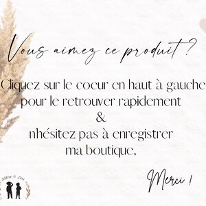 May include: A light beige background with text in French, including "Vous aimez ce produit?" and "Merci!". A decorative arrangement of dried plants is on the left, with a pink heart and arrow on the right.