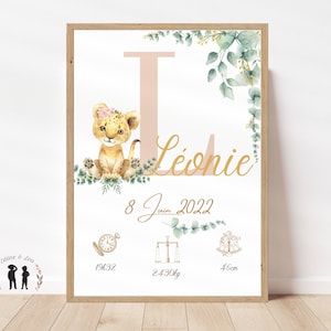 Affiche de naissance personnalisée bébé Lionceau rose - Affiche bébé souvenir lion - prénom, poids, taille et heure - Pdf ou imprimée