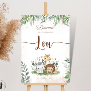 Póster personalizado de bautismo o cumpleaños de Safari - niño y bebé mixto - león, jirafa y elefante - PDF o impreso