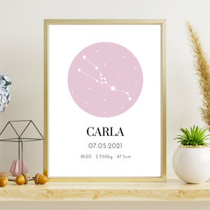 May include: A framed print featuring a pink circle with a white constellation design. The name "CARLA" is below the circle, along with the date 07.05.2021, and measurements: 8h20, 2.550kg, and 47.5cm. The frame is gold.
