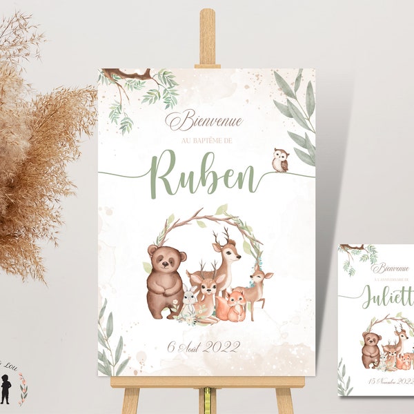 Affiche personnalisée baptême, anniversaire ou Baby Shower animaux de la forêt - bébé et enfant - Pdf ou imprimée