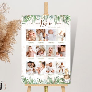 Affiche Ma première année photo - 12 photos pour 12 mois - affiche anniversaire safari - souvenir bébé - pdf ou imprimée