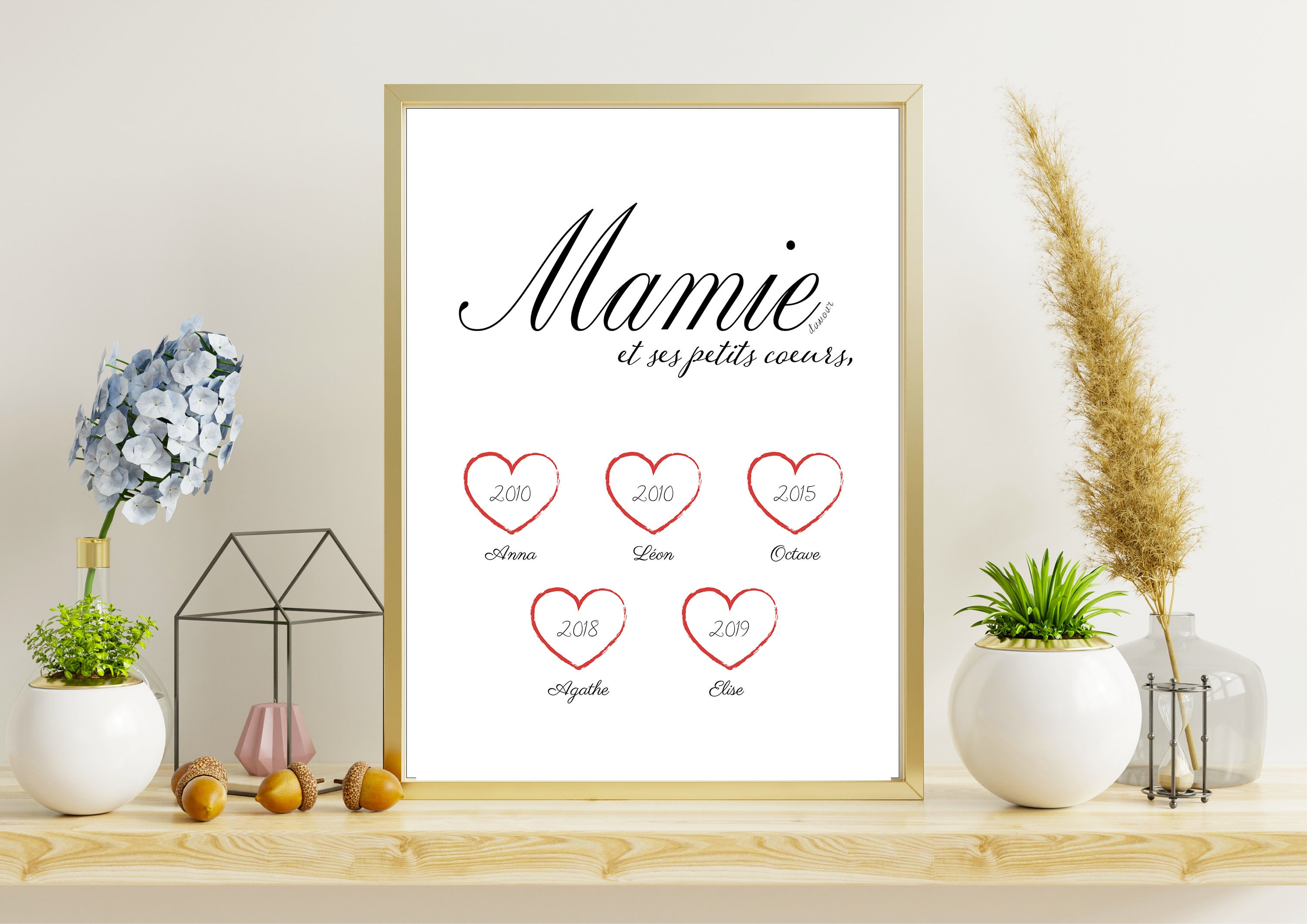 Affiche Personnalisée Mamie d'amour et Ses Petits Coeurs - Poster Cadeau Mamie Prénom Date Pdf ou Im