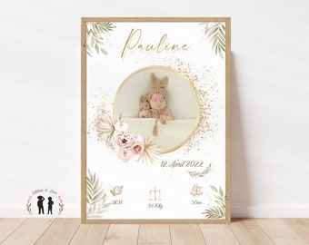 Affiche de naissance personnalisée bébé photo boho ou affiche baptême - Affiche bébé souvenir - Initiale, prénom, poids, taille et heure