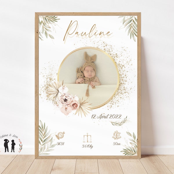 Affiche de naissance personnalisée bébé photo boho ou affiche baptême - Affiche bébé souvenir - Initiale, prénom, poids, taille et heure