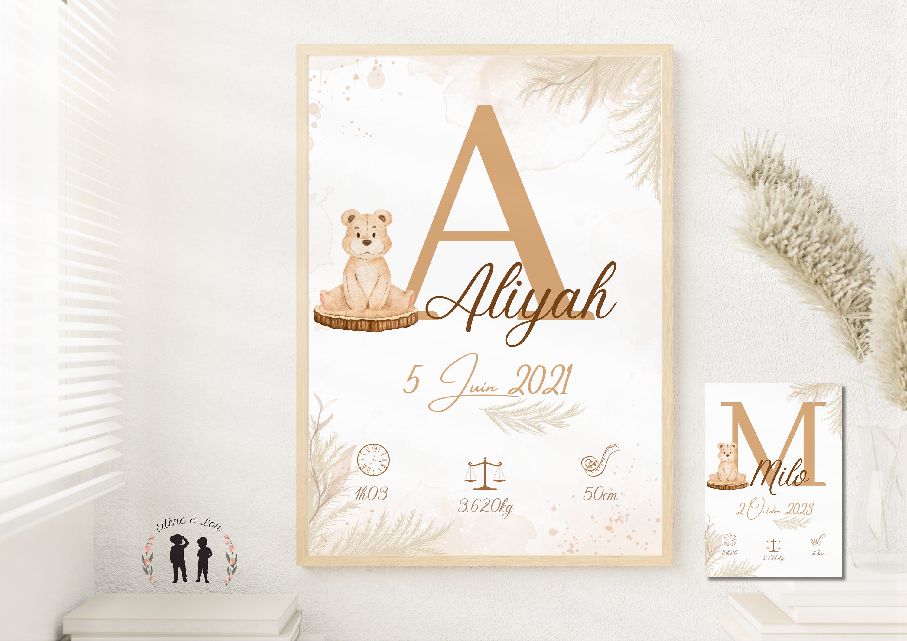 Personalized Baby Birth Poster Boho Bear - Baby Keepsake