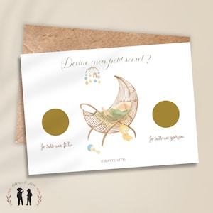 Carte à gratter personnalisée annonce du sexe de bébé berceau boho - fille ou garçon - baby shower - pastilles à gratter dorées
