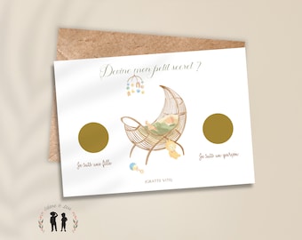 Personalized scratch card announcing the gender of boho cradle baby - girl or boy - baby shower - golden scratch pads
