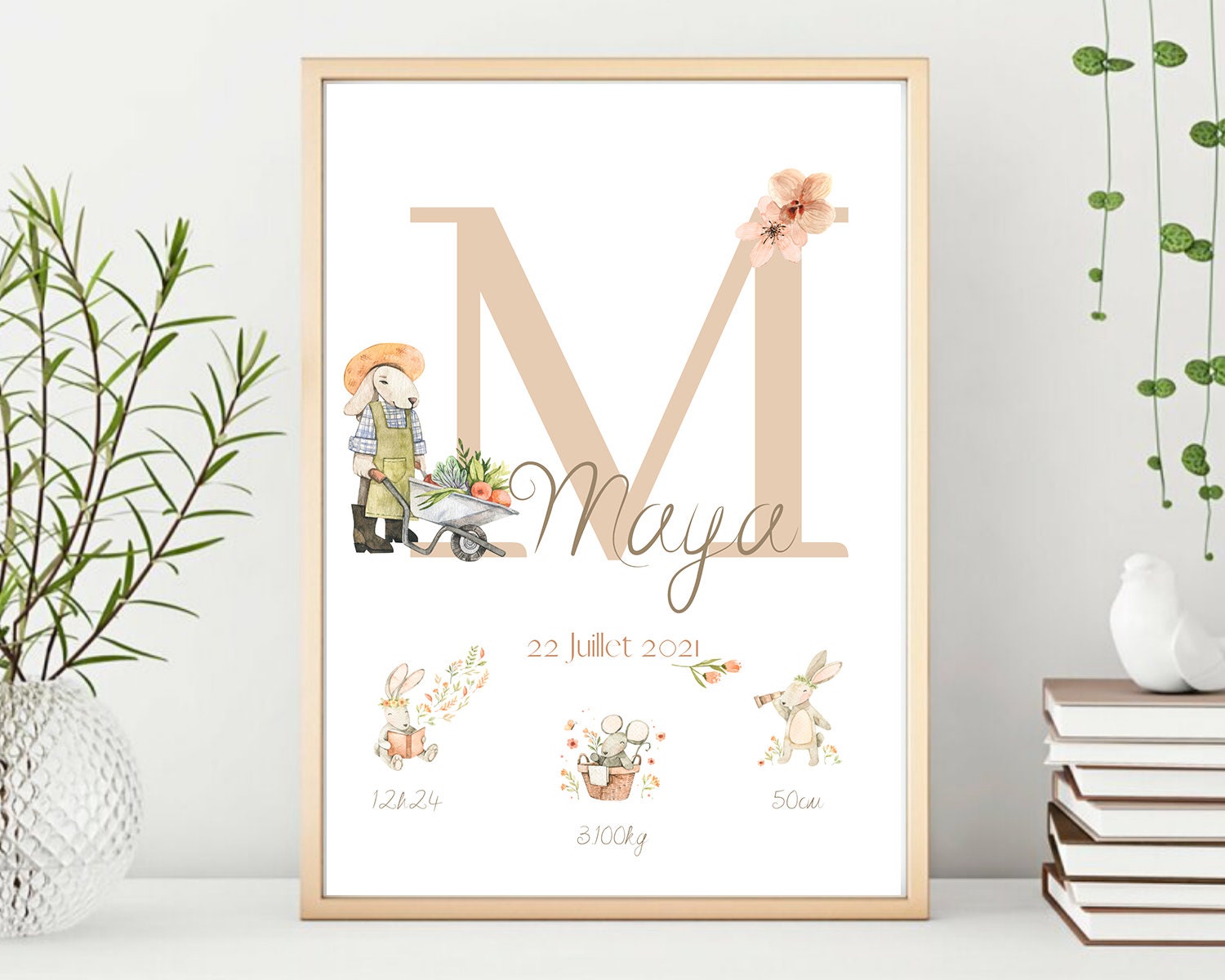 Affiche de Naissance Personnalisée Bébé Lapin Vintage/Affiche Souvenir Initiale, Prénom, Poids, Tall