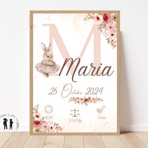 Gepersonaliseerde geboorteposter Ballerina Konijn Bloemen - Baby Keepsake - Initialen, Voornaam, Gewicht, Lengte en Tijd - PDF of Gedrukt