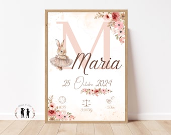 Affiche de naissance personnalisée Lapin ballerine fleurs - bébé souvenir - Initiale, prénom, poids, taille et heure - Pdf ou imprimée