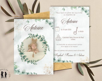 Faire-part de Baptême avec photo thème eucalyptus - carton d'invitation baptême - bébé et enfant