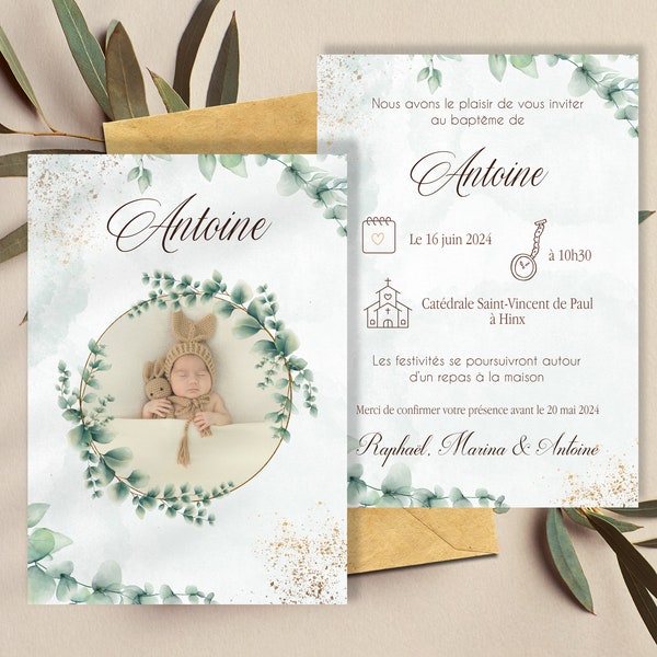 Faire-part de Baptême avec photo thème eucalyptus - carton d'invitation baptême - bébé et enfant