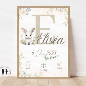 Personalisiertes Geburtsposter Eukalyptus-Kaninchen - Baby-Souvenirposter - Initiale, Vorname, Gewicht, Größe und Uhrzeit