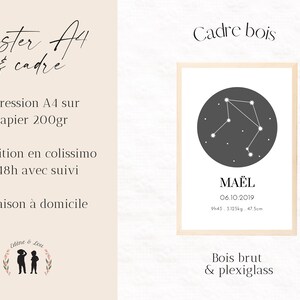 May include: A framed A4 poster with a light wood frame. The poster features a dark gray circle with a constellation design and the name MA&Euml;L, date, time, and measurements. Additional text is present.