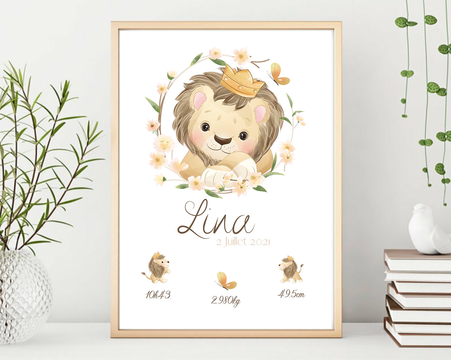 Affiche de Naissance Personnalisée Bébé Lion/Affiche Souvenir Initiale, Prénom, Poids, Talle et Heur