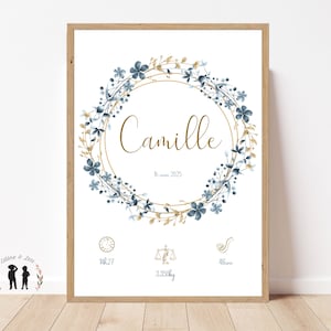 Personalisiertes Geburtsplakat Blumenkrone - Boho Baby Souvenir Poster - Vorname Gewicht Größe Uhrzeit - gedruckt oder digital PDF