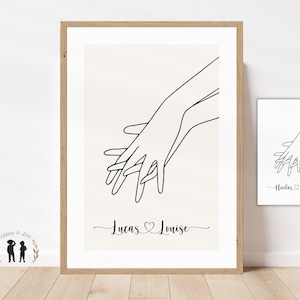 Cartel personalizado de manos de pareja - cartel de pareja decoración nombre, corazón minimalista - San Valentín - Impreso o PDF