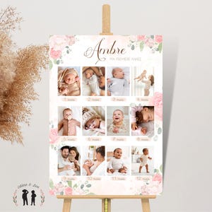 Póster con fotos de mi primer año: 12 fotos para 12 meses, póster de cumpleaños con flores, recuerdo para bebé (PDF o impreso)