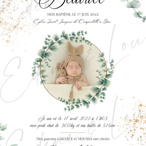 May include: A baptism announcement card with a watercolor illustration of eucalyptus leaves and a photo of a baby girl in a brown bunny hat. The card includes the baby's name, Beatrice, the date of her baptism, June 17, 2022, and the church where the baptism took place, Eglise Saint Jacques-de-Compostelle a Dax. The card also includes the baby's birthdate, April 17, 2022, and her birth weight and length. The card also includes the names of the baby's godparents, Regine and William.