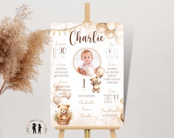 Affiche anniversaire personnalisée oursons et ballons - affiche photo enfant et bébé mixte - ours - Pdf ou imprimée
