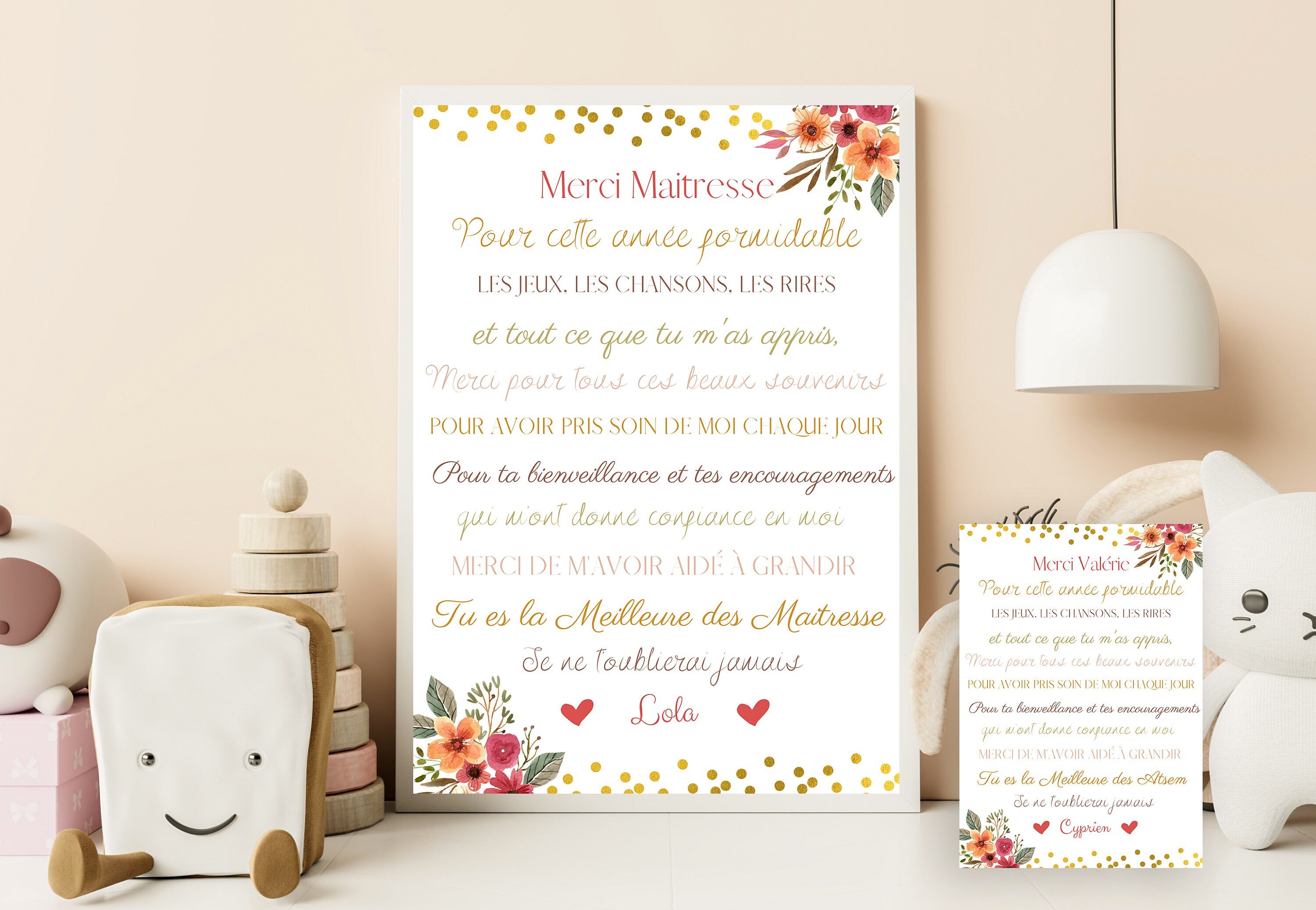Affiche Merci Maitresse ou Atsem Personnalisée Fleurs - Prénom Enfant Cadeau Maitresse Atsem Pdf Imp