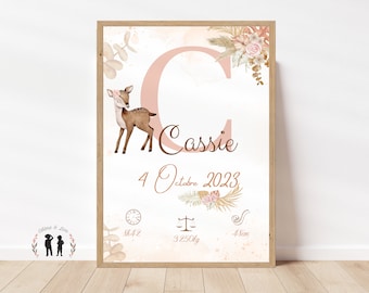 Affiche de naissance personnalisée biche - Affiche bébé souvenir forêt - Initiale, prénom, poids, taille et heure - Pdf ou imprimée