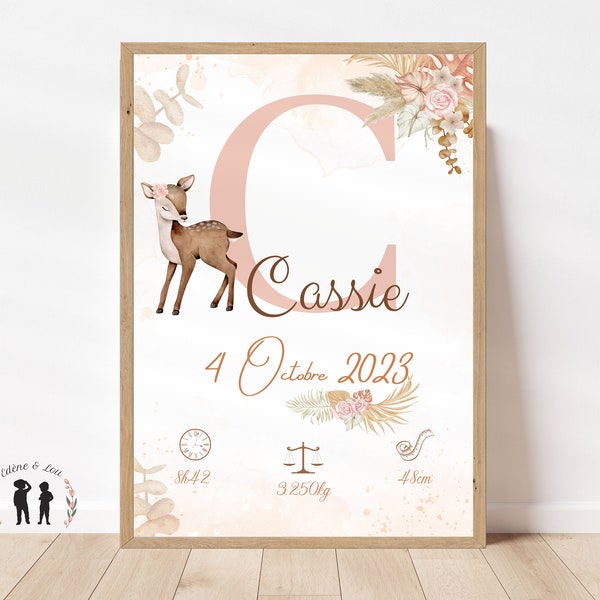 Affiche de naissance personnalisée biche - Affiche bébé souvenir forêt - Initiale, prénom, poids, taille et heure - Pdf ou imprimée