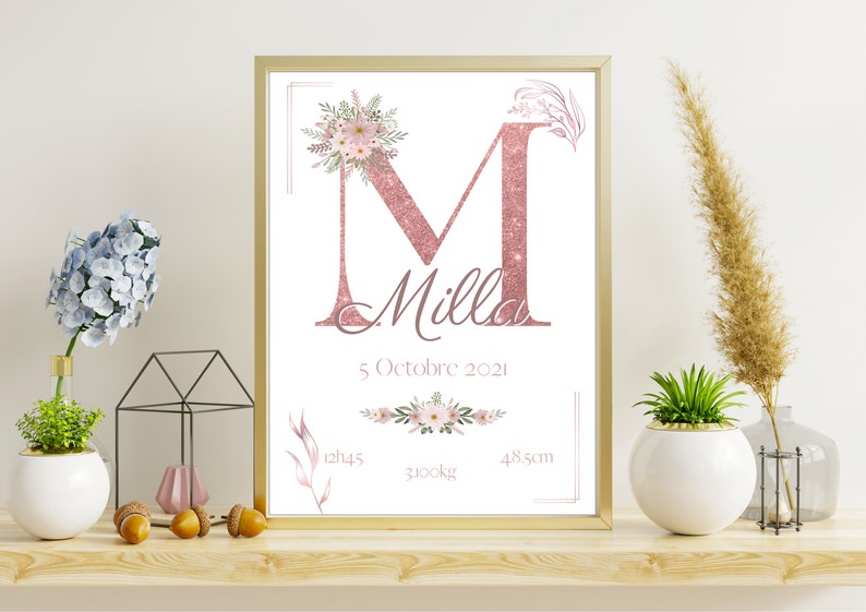 Affiche de naissance lettre rose gold & paillettes - Créatrice ETSY : EdeneetLou