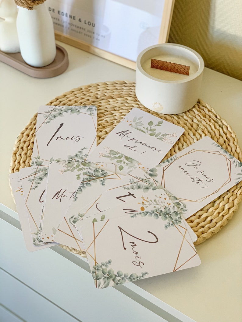 Cartes étapes de grossesse - thème boho eucalyptus - 15 cartes - mois de grossesse, écho, fille ou garçon image 3