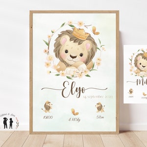 Personalisiertes Poster zur Geburt eines Löwenbabys – Vorname, Gewicht, Größe und Uhrzeit – gedruckt oder als PDF