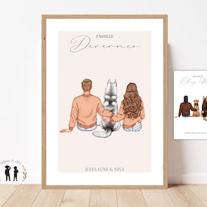 Póster familiar de mascotas - retrato familiar personalizado - pareja y perro - pdf o impreso