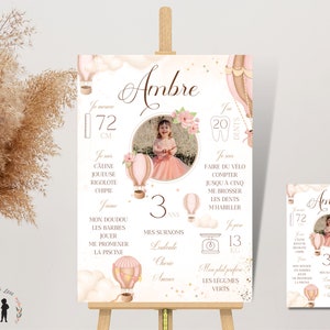 Affiche anniversaire personnalisée montgolfière rose fleurs - affiche photo enfant et bébé - imprimée ou Pdf