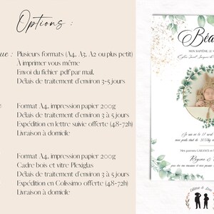 May include: A green and gold baptism announcement card with a photo of a baby girl in a white dress and a bunny hat. The card says "B&eacute;atrice" in a cursive font and includes the date "17 juin 2022".