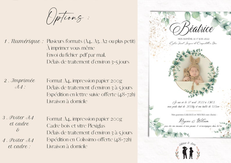 May include: A green and gold baptism announcement card with a photo of a baby girl in a white dress and a bunny hat. The card says "B&eacute;atrice" in a cursive font and includes the date "17 juin 2022".
