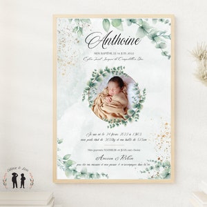 May include: A green and gold baptism announcement with a photo of a baby in a white blanket. The announcement includes the baby's name, date of birth, weight, and length. It also includes the names of the baby's parents and godparents.