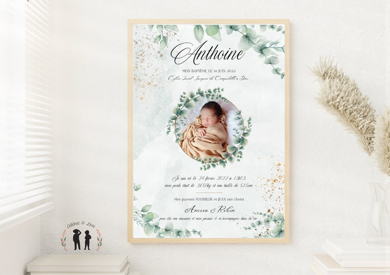 May include: A green and gold baptism announcement with a photo of a baby in a white blanket. The announcement includes the baby's name, date of birth, weight, and length. It also includes the names of the baby's parents and godparents.