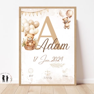 Póster de nacimiento personalizado con globos de oso - Osito de peluche de recuerdo para bebé - Inicial, nombre, peso, altura y hora - PDF o impreso