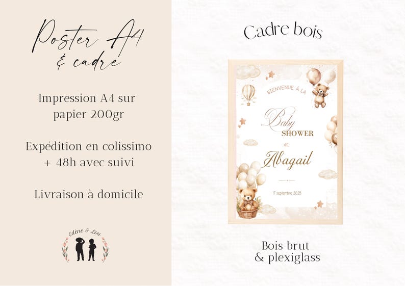 May include: A framed A4 poster with a baby shower theme. The poster features a teddy bear, balloons, and the words "Baby Shower" and a name. The frame is made of wood.