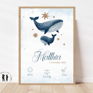 Personalized Whale birth poster - ocean theme, whale - mom and baby - PDF or printed