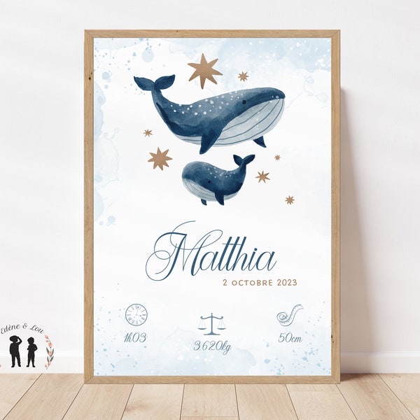 Affiche de naissance Baleines personnalisée - thème océan, baleine - maman et bébé - Pdf ou imprimée